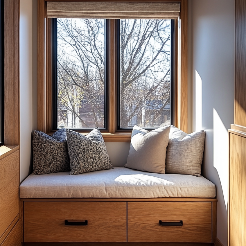 window bench seat with cushions and built-in drawers for storage