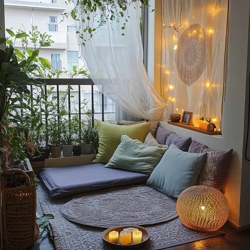 balcony wellness corner with cushions plants and string lights