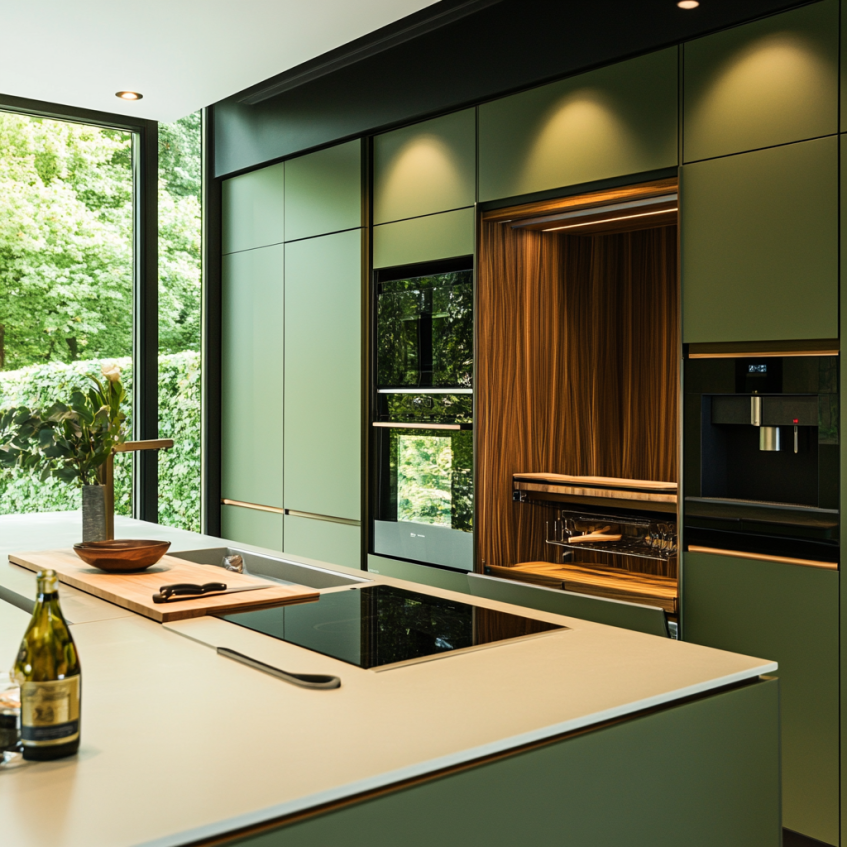 Tall green kitchen cabinet with built-in appliances and open wood shelves