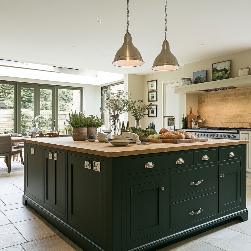 Large kitchen with dark green island, light stone floors, and wood countertop