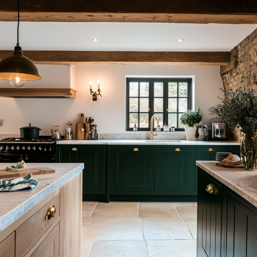 Elegant dark green shaker cabinets complementing a farmhouse kitchen with rustic wood beams and a vintage window.
