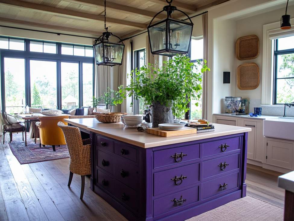 Bold kitchen island in dark purple with traditional handles and a light countertop.