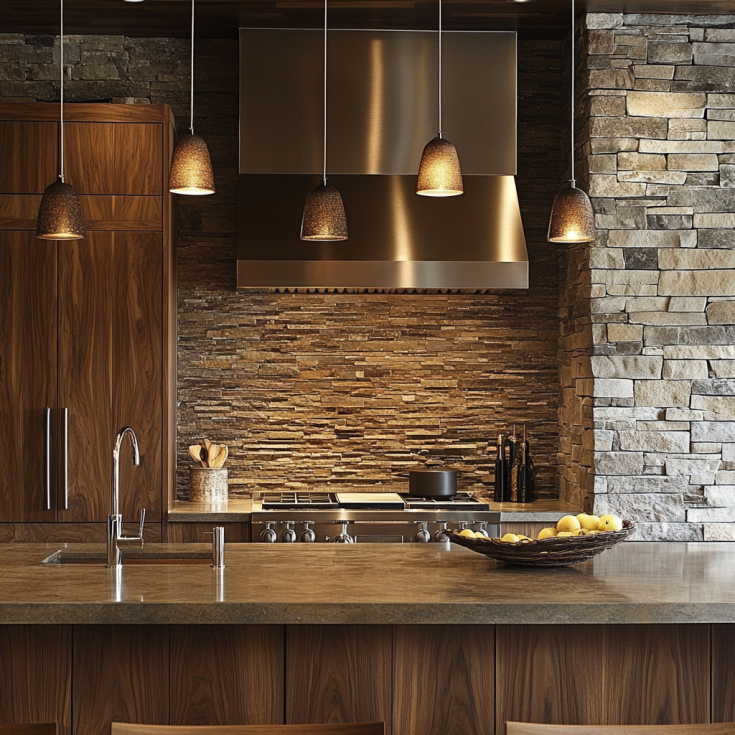 Rustic kitchen with dark walnut cabinets, stone backsplash, and stainless appliances