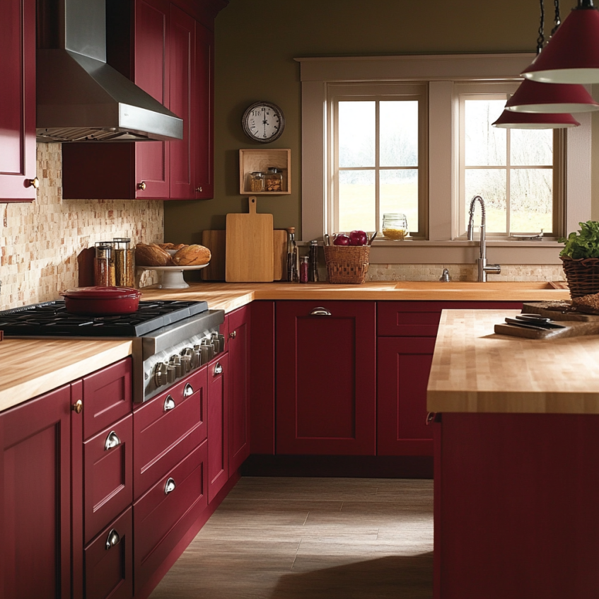Traditional cherry red kitchen cabinets with warm butcher block countertops