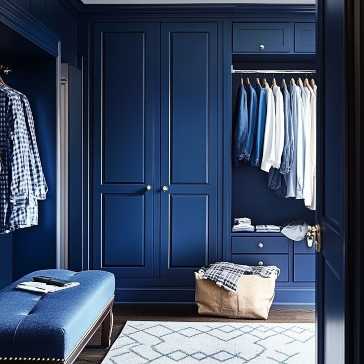 Deep navy blue wardrobe with paneled doors and open hanging space in a modern walk-in closet.