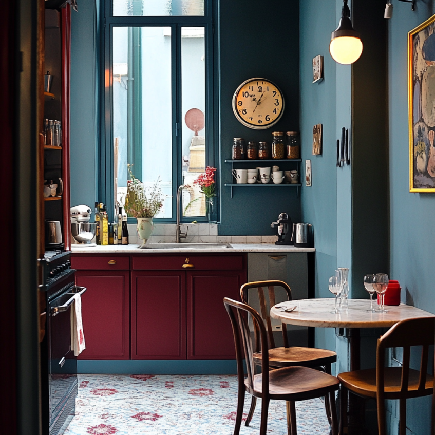 Cafe-style kitchen with deep red base cabinets and teal blue walls