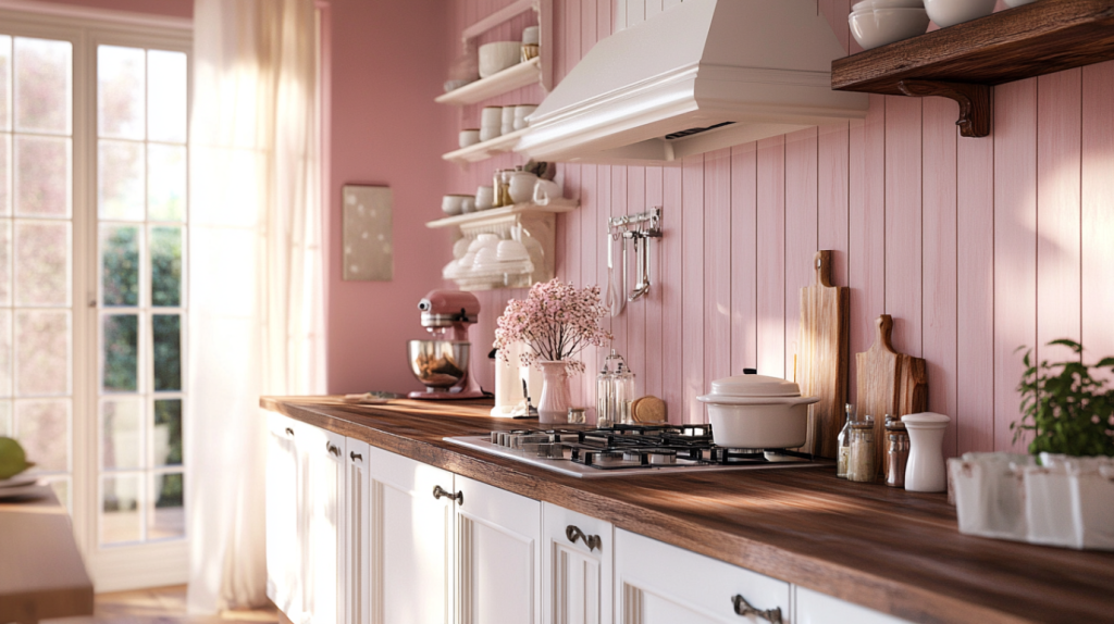 Dusty pink cabinets with white walls and wood countertops
