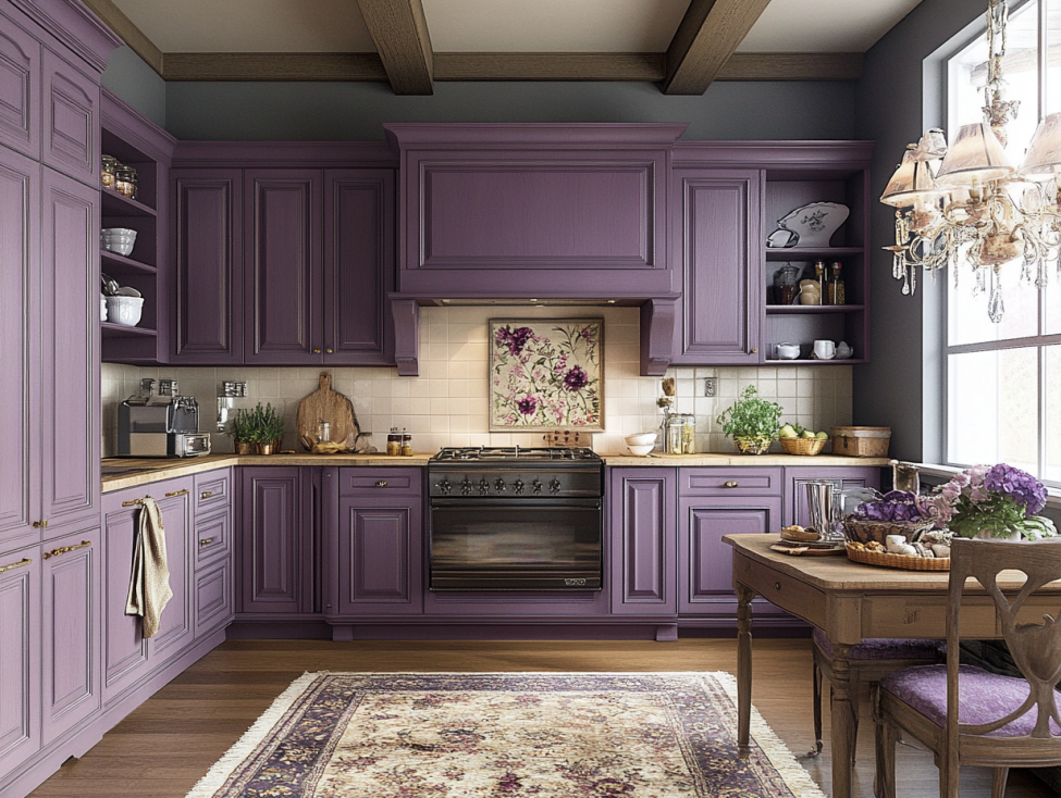 French country kitchen with dusty purple shaker cabinets and traditional decor.