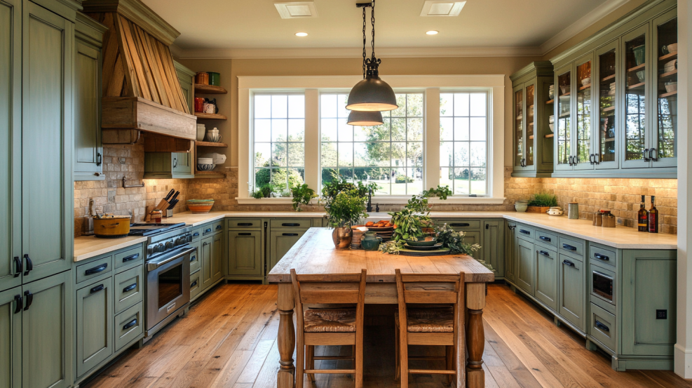 Rustic kitchen with sage green and light brown cabinetry