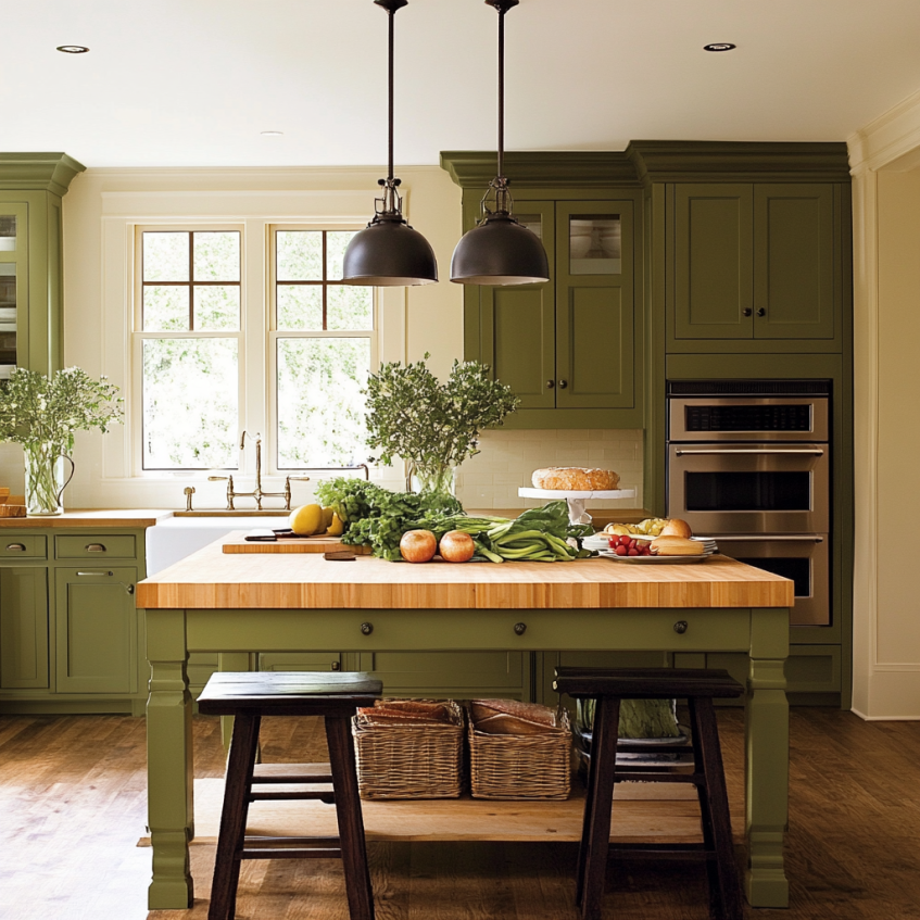 Olive green kitchen cabinets with wood countertop and eco-friendly materials in a bright traditional kitchen