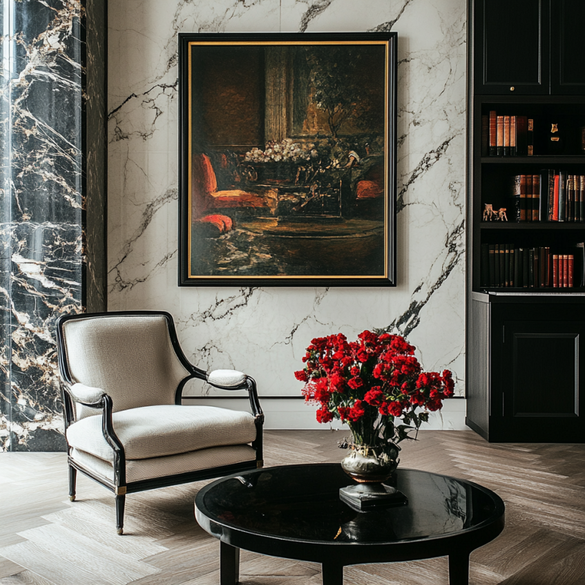 marble wall living room with framed artwork and red flowers on black table