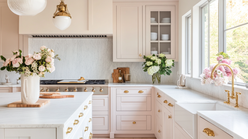 Blush pink kitchen cabinets with brass hardware and marble countertop