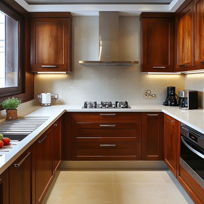 Elegant cherry wood kitchen cabinets with modern fixtures and soft under-cabinet lighting, designed to bring warmth and sophistication to any home.