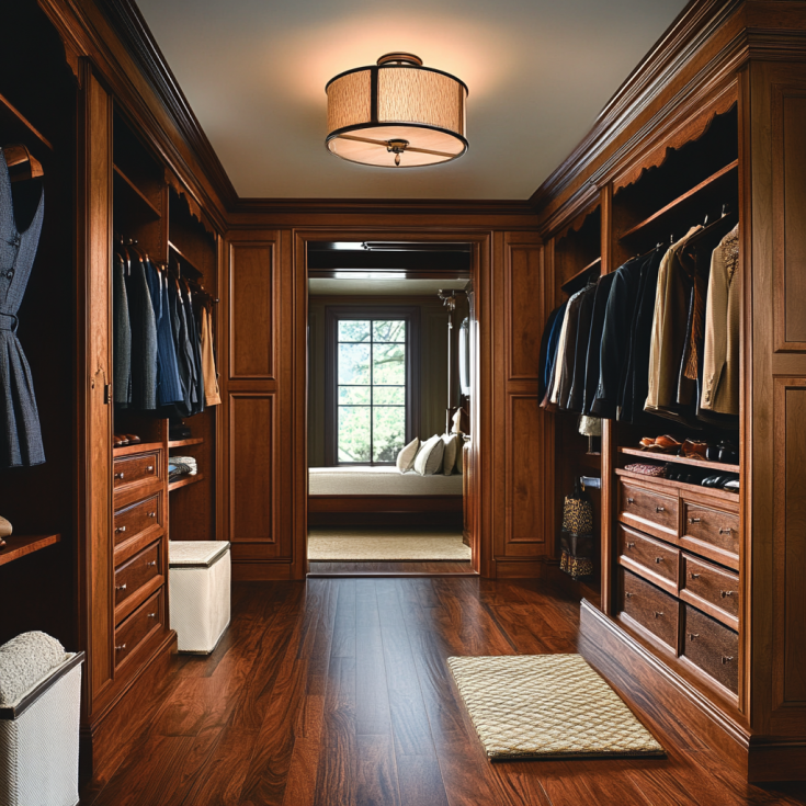 Custom wood walk-in closet with dark wood finishes and organized shelves in a luxurious bedroom.