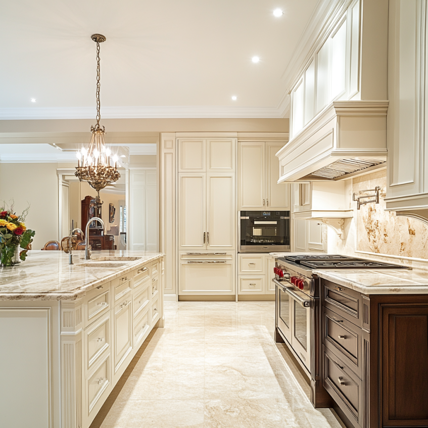 Modern kitchen with open shelving, marble countertops, and sleek white cabinets, creating a bright and airy cooking space.