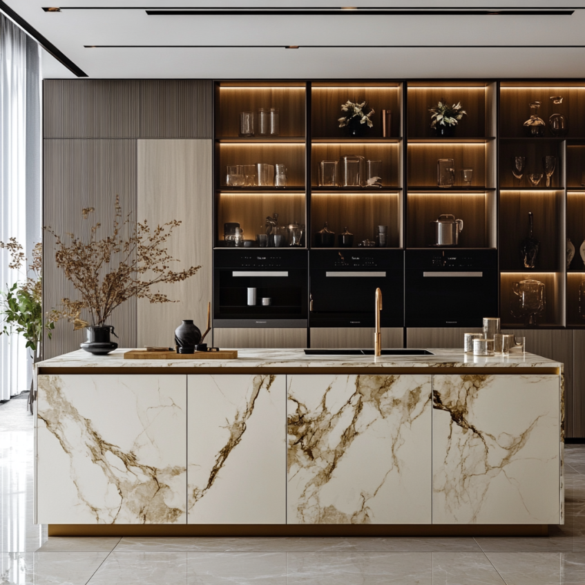 Modern kitchen with marble-textured cabinets and elegant black glass shelves, featuring warm lighting.