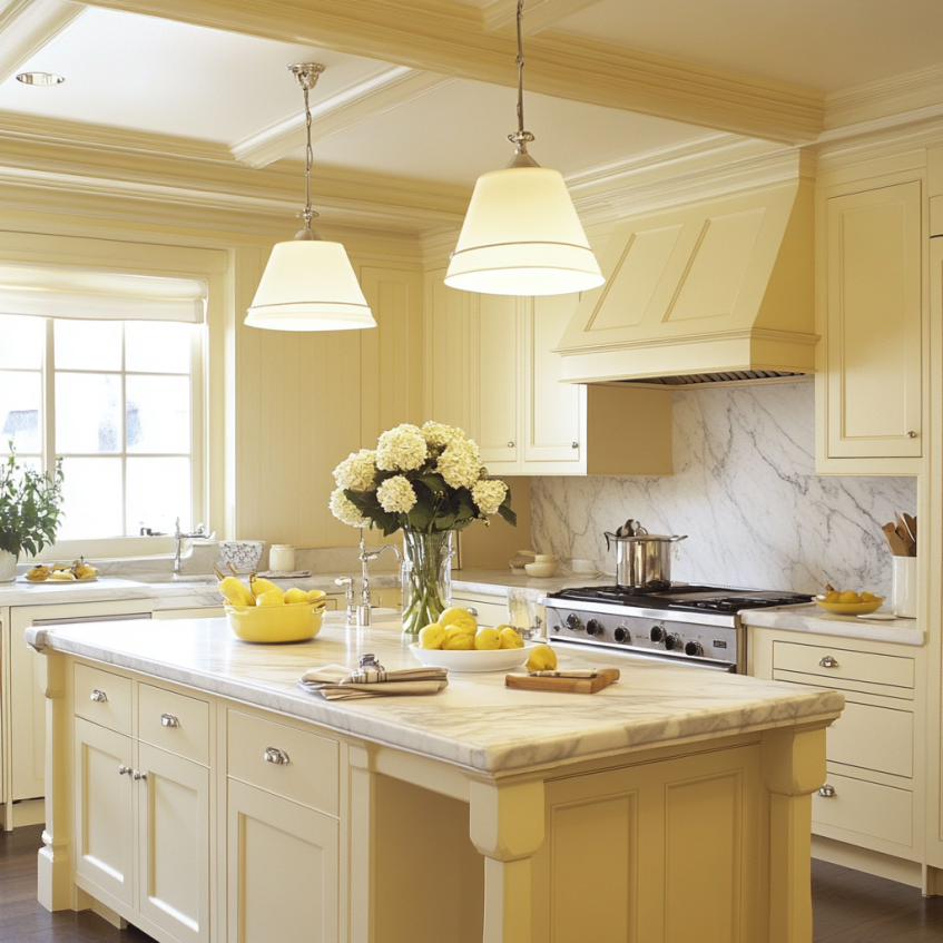 Pastel yellow kitchen cabinets with marble countertops, adding elegance and brightness to the kitchen.