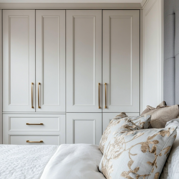 Elegant white wardrobe with gold handles and intricate design details in a modern bedroom.