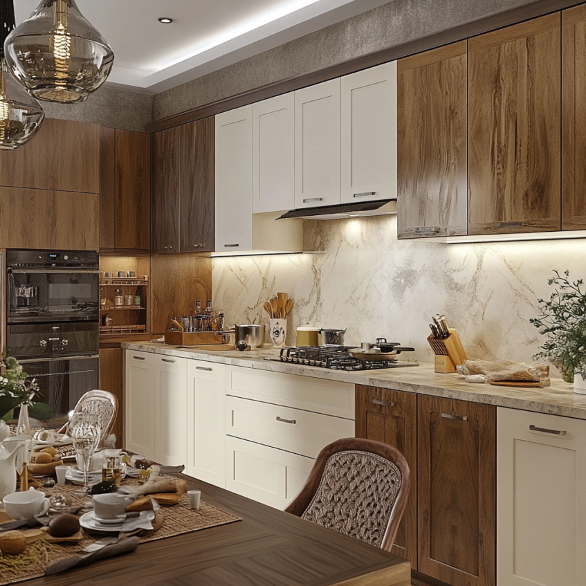 Elegant kitchen with a combination of white and wooden cabinets, marble countertops, and ambient lighting.