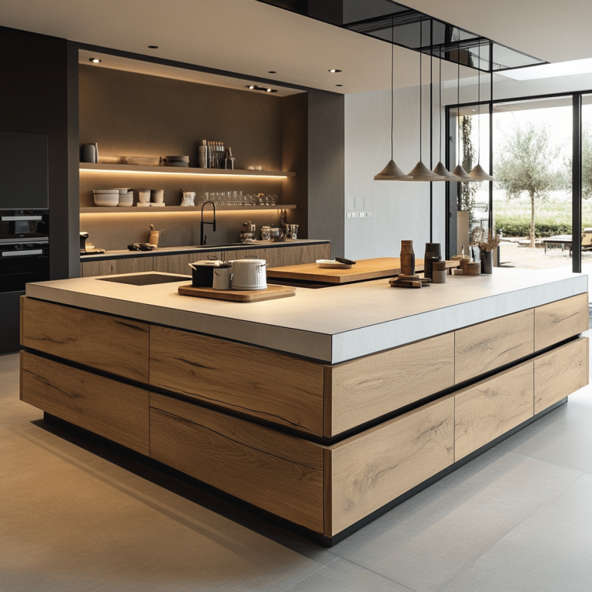 Modern kitchen with a wood-textured island, complemented by white countertops and pendant lighting.