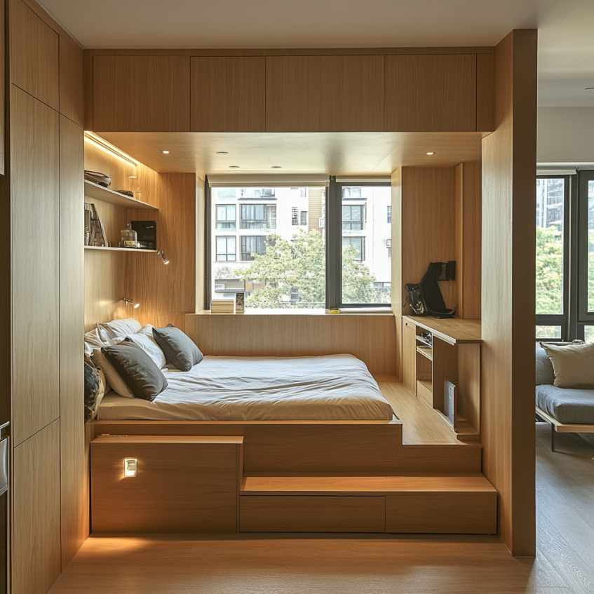 small bedroom in luxury apartment with elevated platform bed and built-in wood cabinetry