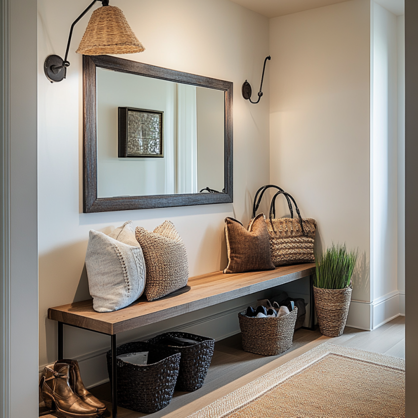 cozy entryway with wooden bench mirror woven baskets and neutral decor