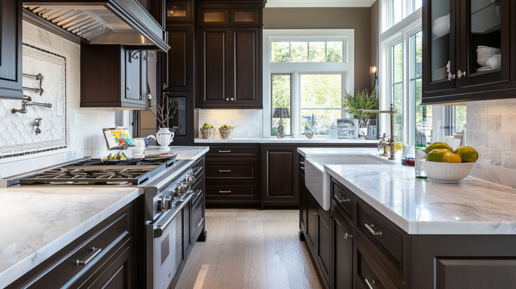 Espresso brown kitchen cabinets with white marble countertops in a luxury traditional kitchen