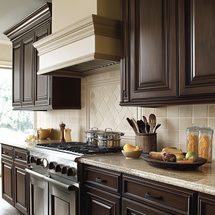 Dark espresso raised panel kitchen cabinets with beige backsplash and granite counter