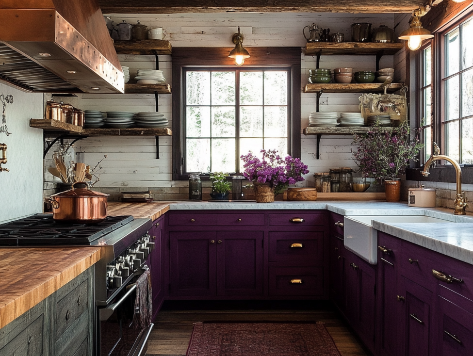 Farmhouse kitchen featuring deep plum cabinets, open shelves, and rustic wood accents.