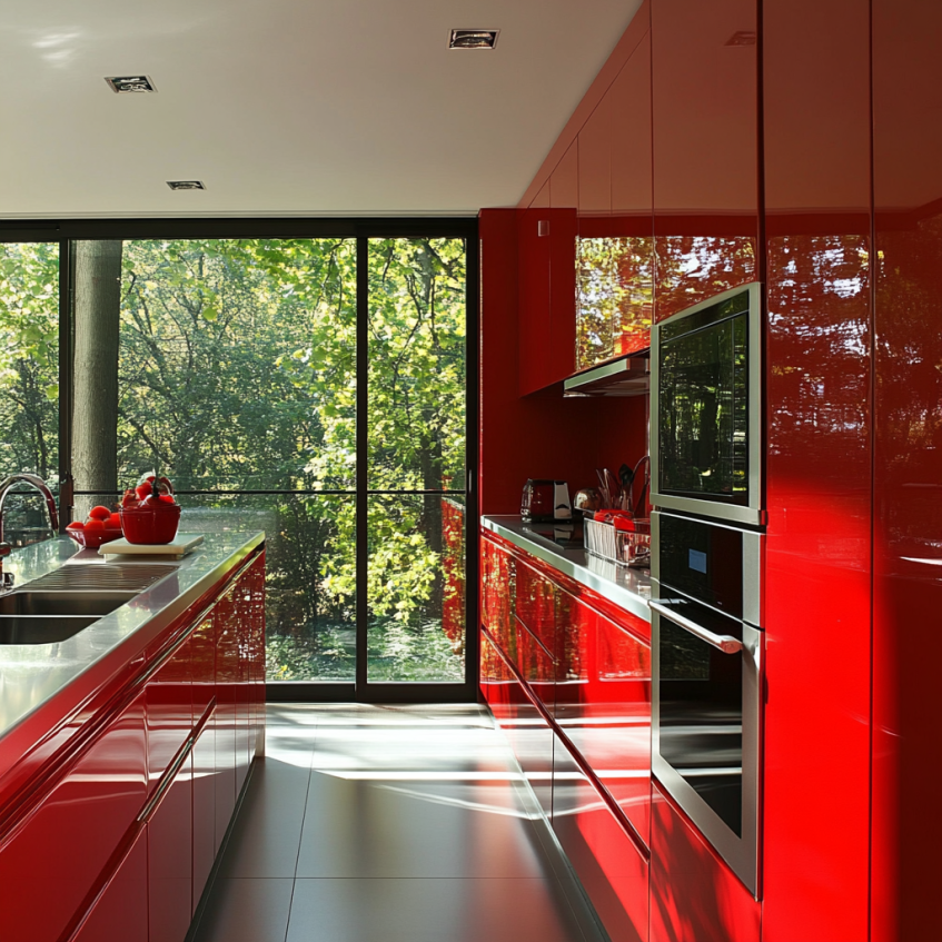 Sleek red high-gloss kitchen cabinets with full height