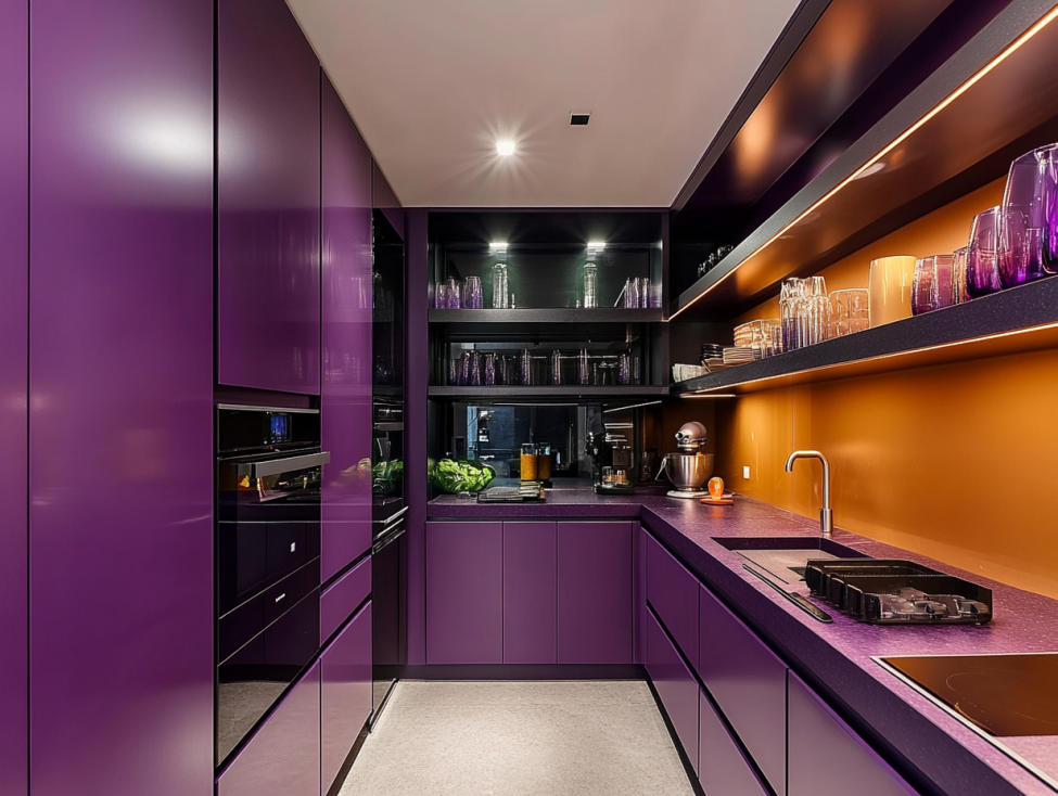 Full-height purple kitchen cabinets with open shelves and hidden storage.