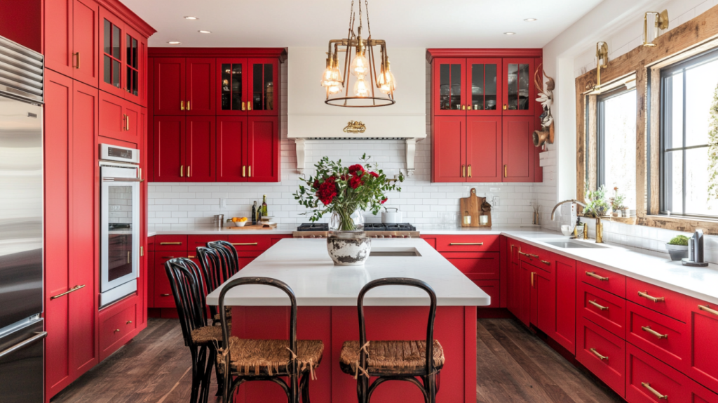 L-shaped kitchen with bold red cabinets and white quartz countertops