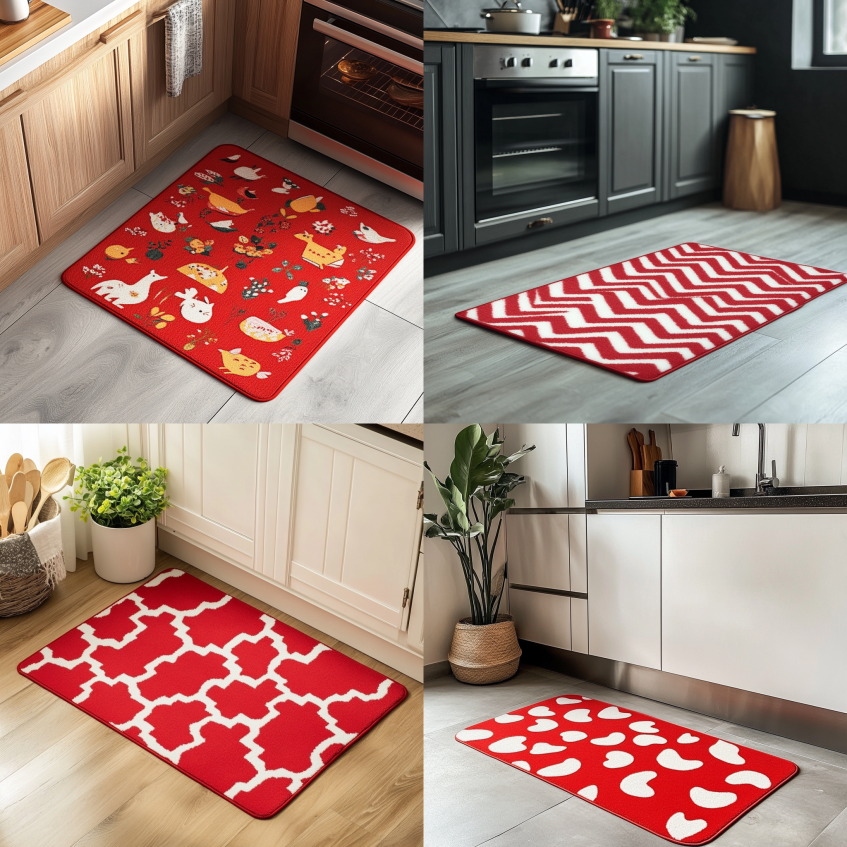 Red kitchen rugs with cute patterns like animals, hearts, and geometric designs