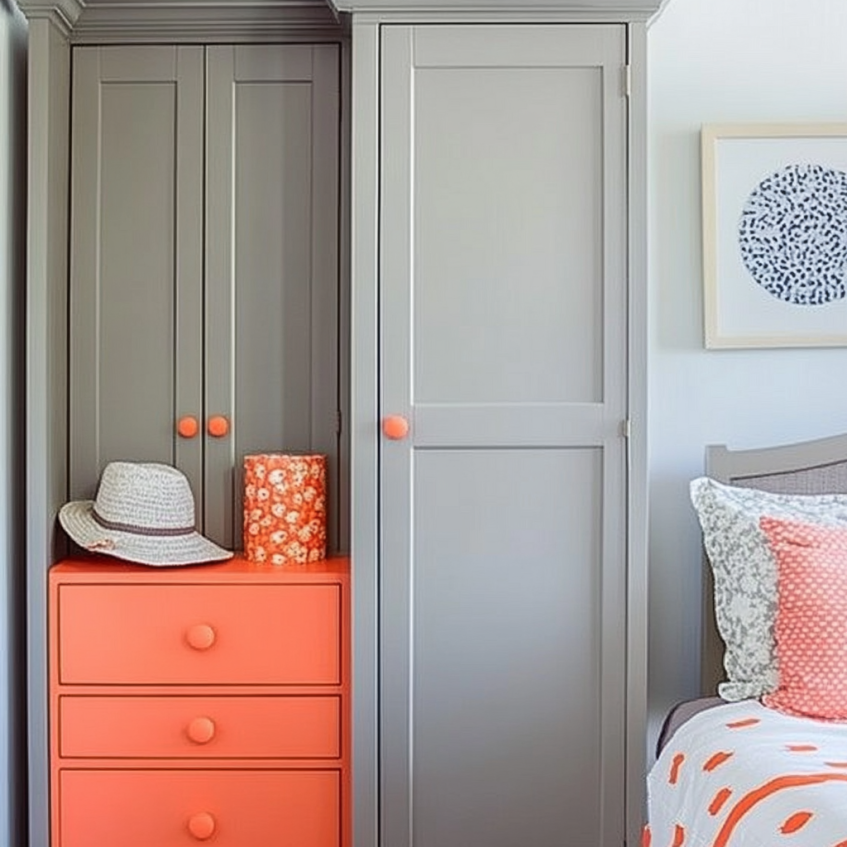 Gray wardrobe with bright coral accents and playful knobs in a colorful bedroom.