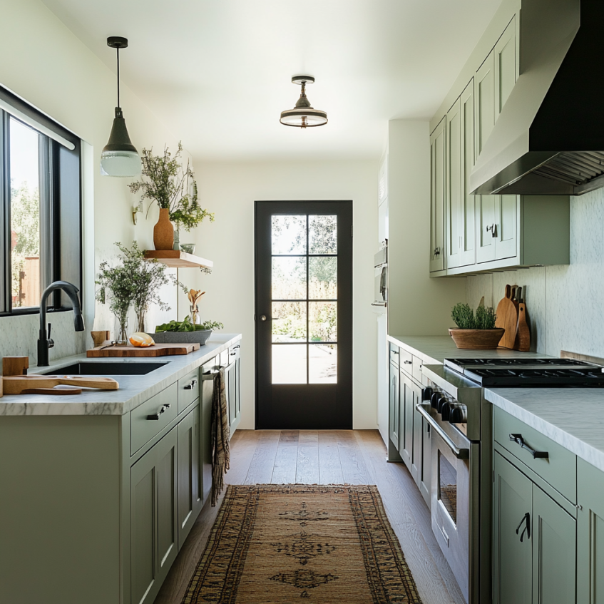 Galley kitchen featuring soft green cabinets, wood flooring, and a black framed glass door