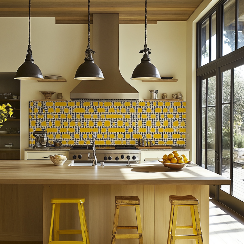 Yellow and geometric tile backsplash in a modern kitchen, adding vibrant color and pattern.