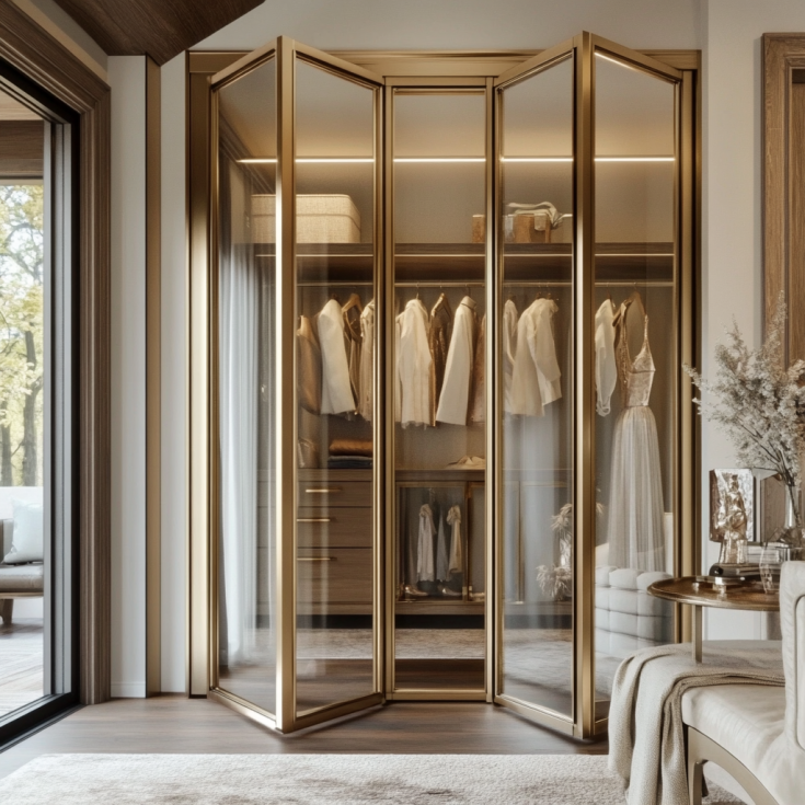 Closet with brushed gold folding glass doors and elegant lighting