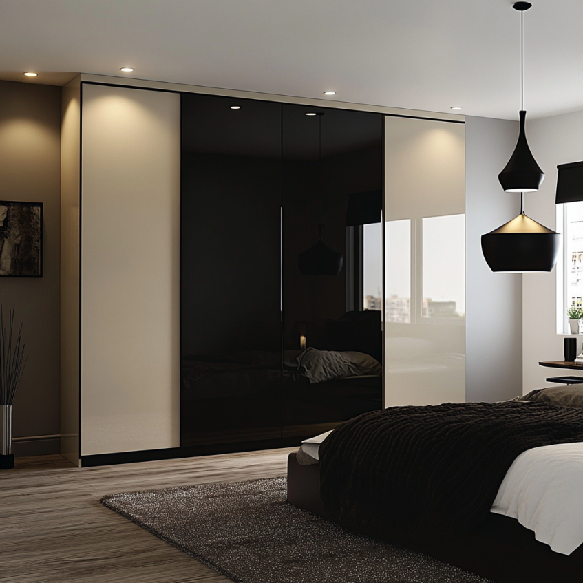 Black glossy wardrobe with mirrored doors and modern bedroom decor.