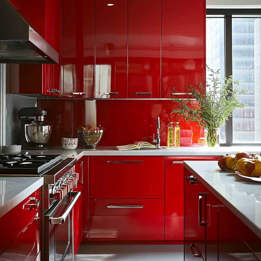 Bright glossy red kitchen cabinets reflecting sunlight