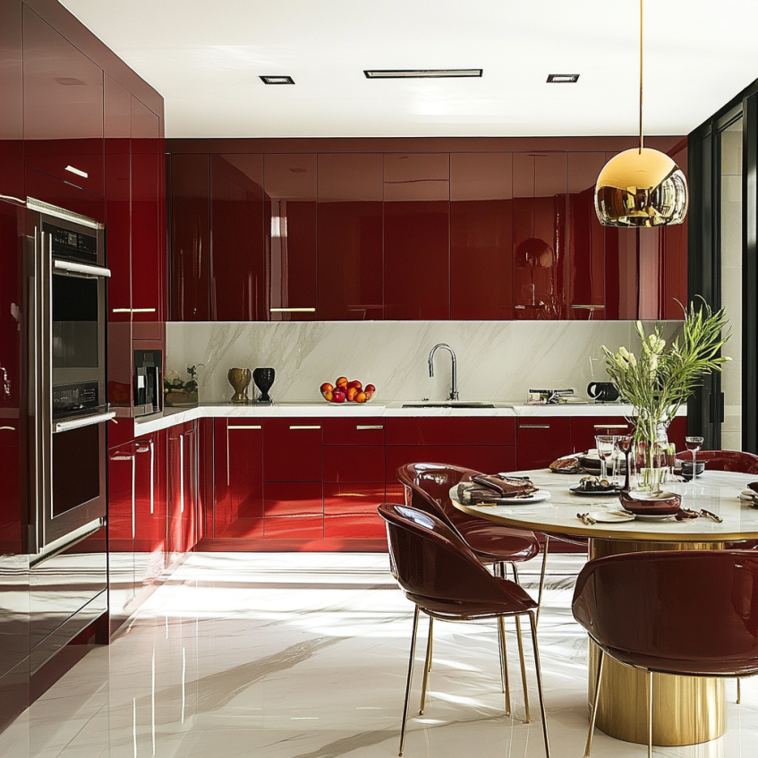 Glossy red kitchen cabinets with marble backsplash and modern dining setup
