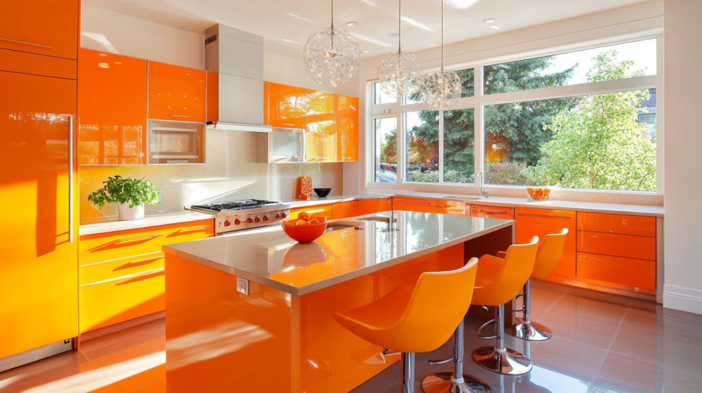 Bright orange kitchen with glossy cabinets, central island, and large windows letting in natural light.