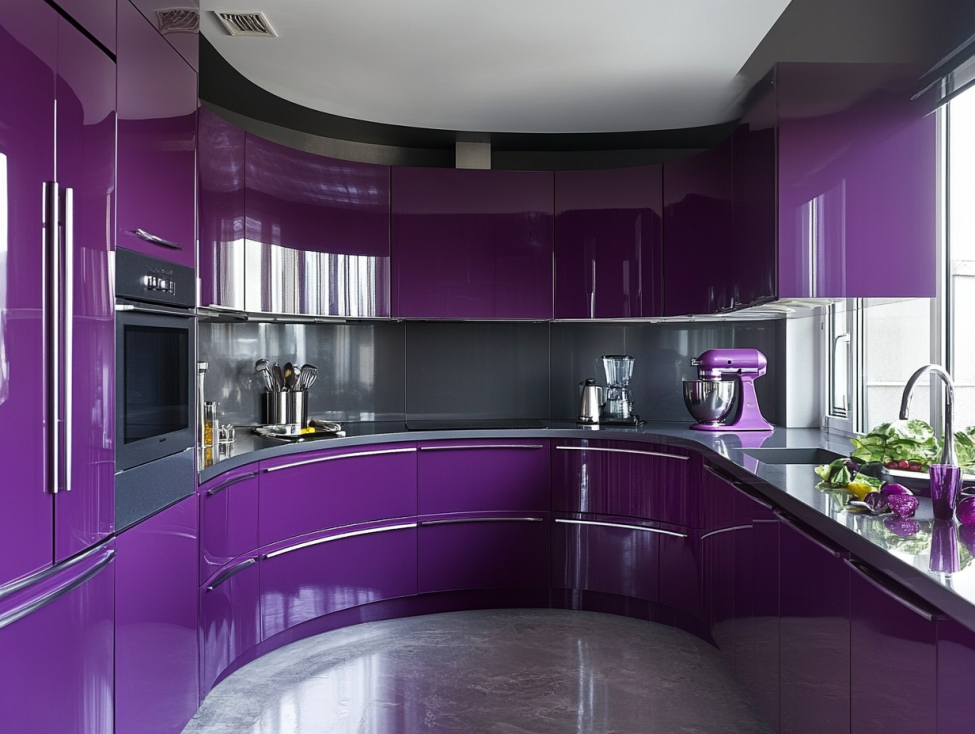 High-gloss purple cabinets in a contemporary kitchen with curved layout and stainless steel appliances.