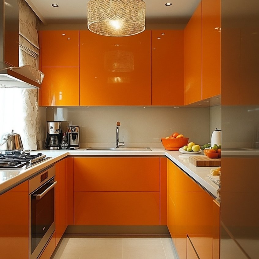Small U-shaped kitchen with glossy orange cabinets, white countertops, and under-cabinet lighting.