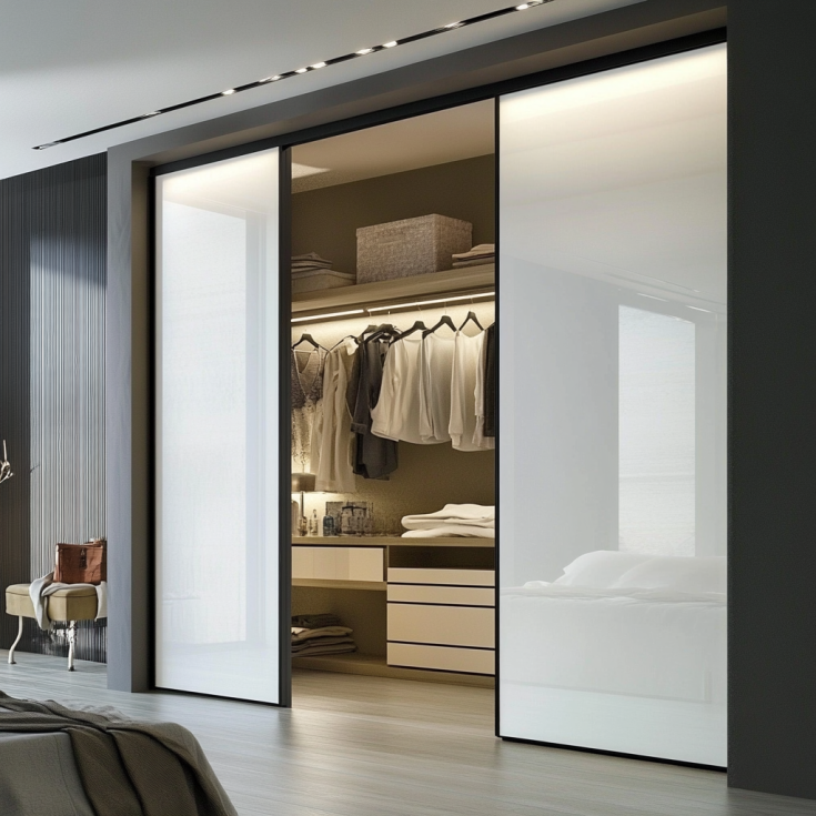Modern closet with glossy white sliding doors and softly lit interior shelves