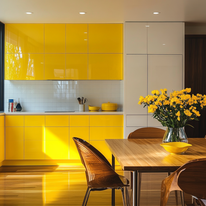 Glossy yellow kitchen cabinets with sleek finishes, showing reflections and fingerprints on the surface.