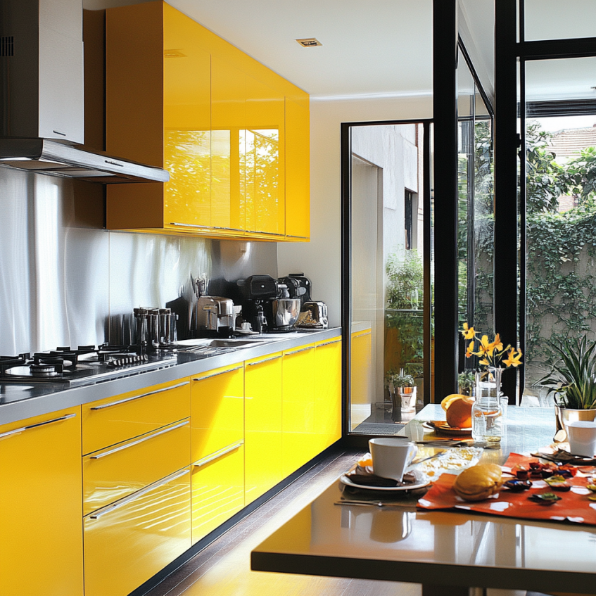 Glossy yellow kitchen cabinets paired with stainless steel appliances, adding a sleek and reflective effect to the kitchen.
