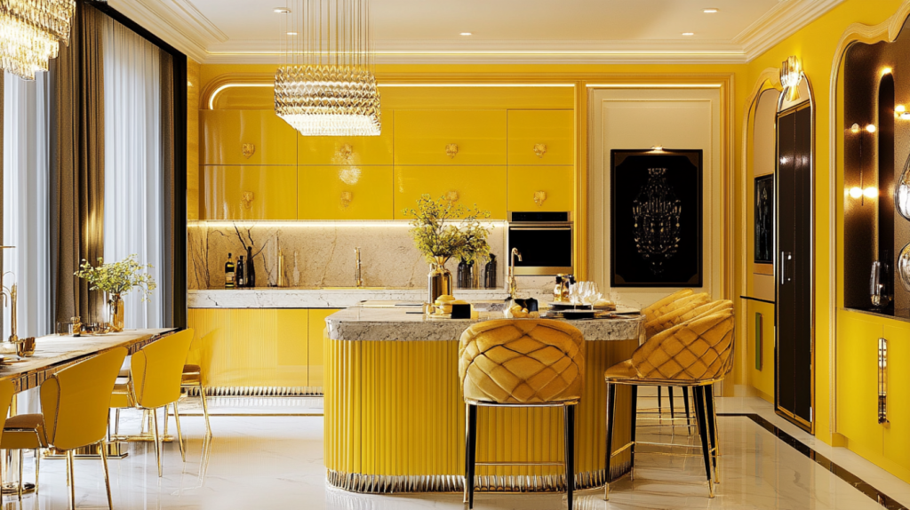 Golden yellow kitchen cabinets paired with marble countertops create a luxurious and elegant kitchen atmosphere.