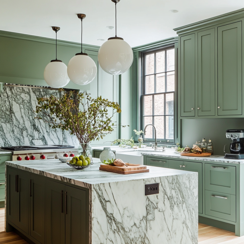 Green kitchen cabinets with dramatic marble countertops and backsplash under globe pendant lights