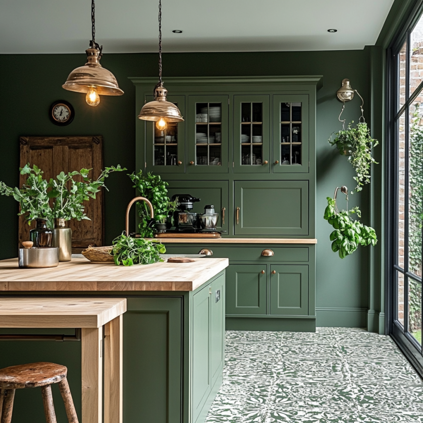 A green-on-green kitchen design with floor-to-ceiling cabinets and natural light from glass doors