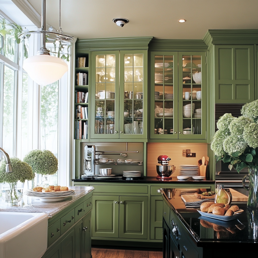 Green cabinets with glass-front doors and black countertops in a bright traditional kitchen